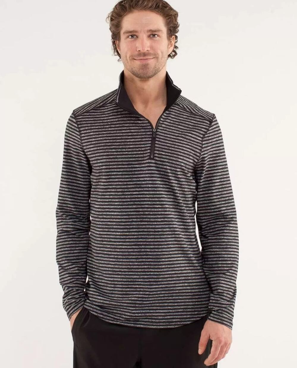 Lululemon Men's Studio 1/2 Zip pullover Classic Stripe Heathered Black / Black